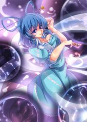  1girl blue_eyes blue_hair breasts cleavage dedeyong dress hair_rings hair_stick kaku_seiga ofuda smile solo touhou 