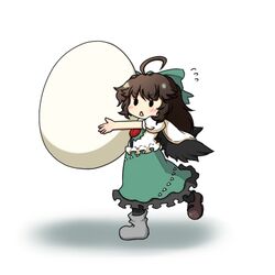  1girl :< ahoge bow brown_hair cape chibi egg fuuen_(akagaminanoka) hair_bow long_hair mismatched_footwear reiuji_utsuho skirt solo third_eye touhou wings 