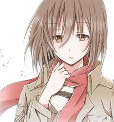  1girl brown_eyes brown_hair bust hiro_(hirohiro31) jacket long_sleeves mikasa_ackerman scarf shingeki_no_kyojin short_hair solo white_background 