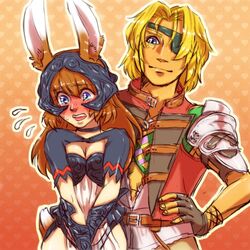 1boy 1girl animal_ears armor bartholomew_fatima basch_fon_ronsenburg basch_fon_ronsenburg_(cosplay) blonde_hair blue_eyes blush breastplate breasts brown_hair cleavage eyepatch final_fantasy final_fantasy_xii fran fran_(cosplay) full-face_blush helmet long_hair marguerite_fatima noche_chunzi parody pauldrons rabbit_ears see-through smile sweatdrop tail viera xenogears 