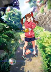  2girls ahoge blonde_hair blue_eyes brown_eyes brown_hair cojibou drop formal gloves highres mouth_hold multiple_girls original pleated_skirt scrunchie shorts shovel skirt socks suit track_jacket twintails watering_can white_legwear worktool 
