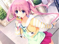  artist_request blue_eyes blush character_request eating food game_cg long_hair long_sleeves pink_hair skirt solo twintails 