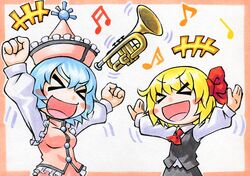  >_< 2girls blonde_hair blue_hair blush_stickers bow breasts clenched_hand floating frills hair_bow happy hat instrument kawachi_koorogi merlin_prismriver multiple_girls musical_note open_mouth outstretched_arms rumia touhou trumpet 