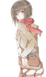  1girl black_hair brown_eyes hiro_(hirohiro31) jacket long_sleeves mikasa_ackerman pants scarf shingeki_no_kyojin short_hair solo thigh_strap white_background 