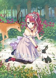  1girl absurdres breasts cleavage deer dress flower green_eyes gucchiann highres long_hair mary_janes original purple_hair rabbit ribbon rose shoes side_ponytail tree 