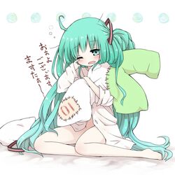  1girl clown_222 green_eyes green_hair hatsune_miku long_hair messy_hair no_panties open_mouth rubbing_eyes saliva sitting solo spring_onion very_long_hair vocaloid wink yokozuwari 