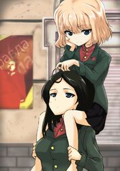  2girls black_hair blonde_hair blue_eyes carrying girls_und_panzer katyusha looking_down looking_up military military_uniform multiple_girls nanai nonna playing_with_hair skirt smile uniform 