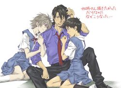  3boys blush brown_hair cigar crossdressing grey_hair ikari_shinji kaji_ryouji male mc multiple_boys nagisa_kaworu neon_genesis_evangelion red_eyes school_uniform short_hair smile 