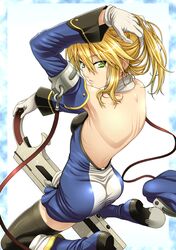  1girl ass bare_back black_legwear blazblue blonde_hair gloves green_eyes gun handgun isse long_hair looking_back noel_vermillion pistol solo thigh-highs thighs weapon zettai_ryouiki 