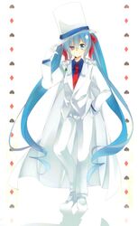  1girl aka_tonbo_(lililil) aqua_eyes aqua_hair cape grin hair_ribbon hand_in_pocket hat hatsune_miku highres long_hair monocle necktie ribbon smile solo top_hat twintails very_long_hair vocaloid white_background 