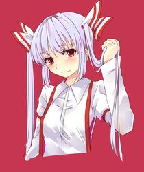  1girl alternate_hairstyle bust dress fujiwara_no_mokou hair_ribbon long_hair miyo_(ranthath) pink_background red_eyes ribbon solo suspenders touhou twintails white_hair 