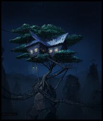  bridge house logartis mountain nature night night_sky no_humans original scenery sky star tree treehouse 