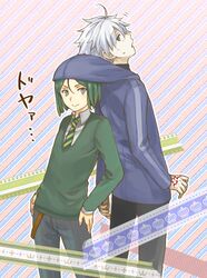  2boys ahoge black_hair blue_eyes bob_cut command_spell fate/zero fate_(series) hoodie matou_kariya multiple_boys necktie smile sweat sweater waver_velvet white_hair 