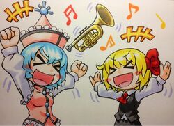  >_< 2girls blonde_hair blue_hair blush_stickers bow breasts clenched_hand floating frills hair_bow happy hat instrument kawachi_koorogi marker_(medium) merlin_prismriver multiple_girls musical_note open_mouth outstretched_arms rumia touhou traditional_media trumpet 