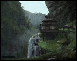  bird logartis mountain nature no_humans original scenery sunlight temple tree water waterfall 