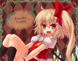  1girl :d black_legwear blonde_hair blush bow character_name engrish fang flandre_scarlet hair_bow long_hair miruki no_hat no_headwear open_mouth ranguage red_eyes side_ponytail smile solo touhou wings 