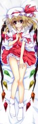  1girl absurdres aoi_hiro bed blonde_hair blush dakimakura flandre_scarlet hat highres panties red_eyes side_ponytail skirt solo touhou underwear wings 