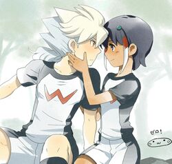  2boys blush eye_contact hair_ornament hakuryuu_(inazuma_eleven) inazuma_eleven_(series) inazuma_eleven_go long_hair looking_at_another male mizuhara_aki multicolored_hair multiple_boys short_hair shuu_(inazuma_eleven) sitting smile soccer_uniform two-tone_hair yaoi zero_(inazuma_eleven) 