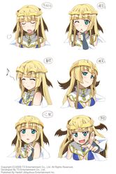  6+girls :3 arksign blush breasts bridal_gauntlets character_sheet cleavage closed_eyes expressions fang happy head_tilt highres kimura_tatsukiyui_(arksign) long_hair multiple_girls musical_note open_mouth pointing pointing_at_viewer scared shawl sigh smug tiara wink 