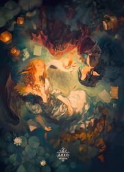  animal_ears blonde_hair book breasts closed_eyes dress fish lantern lilipad long_hair original paper pointy_ears rei_(sanbonzakura) upside-down water wavy_hair wings 