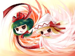  2girls blonde_hair blush bow chestnut_mouth frills front_ponytail green_hair hair_bow hair_ornament hair_ribbon kagiyama_hina lily_white multiple_girls open_mouth ribbon smile solid_circle_eyes spinning touhou yume_shokunin 