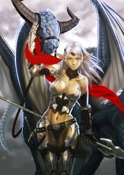  1girl armor circlet creature fantasy horns lips long_hair looking_at_viewer midriff navel original pointy_ears ponytail weapon white_hair yellow_eyes yosshii 