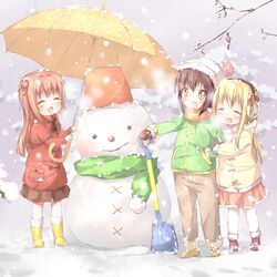  3girls :d ^_^ akaza_akari black_hair blonde_hair boots child closed_eyes double_bun earmuffs funami_yui hair_bun jacket kuma_(happylocation) long_hair mittens multiple_girls open_mouth redhead scarf shoes short_hair shovel skirt smile snow snowman toque toshinou_kyouko umbrella winter worktool yuru_yuri 