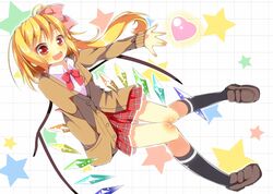  1girl alternate_costume black_legwear blonde_hair bow checkered checkered_skirt flandre_scarlet hair_ribbon hand_in_pocket jacket kneehighs long_hair long_sleeves open_mouth outstretched_arm outstretched_hand pleated_skirt red_eyes ribbon school_uniform shirt side_ponytail skirt smile solo star touhou wings yuimari 
