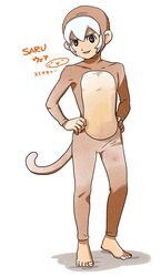  1boy barefoot character_name costume inazuma_eleven_(series) inazuma_eleven_go inazuma_eleven_go_chrono_stone male mizuhara_aki monkey saryuu_evan solo standing white_background 