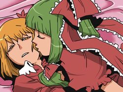  2girls aki_shizuha blonde_hair bow cheek_kiss closed_eyes green_hair hair_bow kagiyama_hina kiss lying multiple_girls onikobe_rin touhou yellow_eyes 