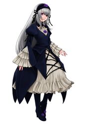  666_(666) boots dress flower frills gothic_lolita hairband lolita_fashion long_hair red_eyes rose rozen_maiden silver_hair suigintou 