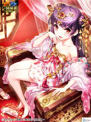  1girl barefoot braid double_bun dress jewelry long_hair purple_hair red_eyes ribbon shoes_removed sitting smile solo throne 