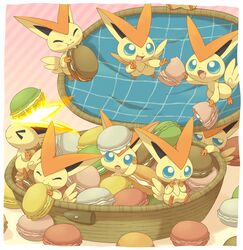  >_< basket blue_eyes cake eating food jippe macaron no_humans pokemon pokemon_(game) pokemon_bw victini 