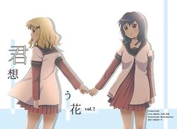  2girls blonde_hair blue_hair braid breasts brown_eyes furutani_himawari hair_ornament hairband hairclip multiple_girls oomuro_sakurako school_uniform serafuku shin_yandamushi twin_braids yuru_yuri 