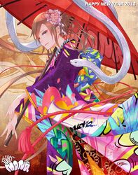  1girl 2013 brown_hair flower hair_flower hair_ornament happy_new_year japanese_clothes monq nail_polish oriental_umbrella original snake umbrella 
