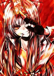  1girl absurdres bow fingerless_gloves fire fujiwara_no_mokou gloves grin hair_bow highres long_hair mister_rhino_(wangzisama1001) mouth_hold ofuda smile solo touhou white_hair 
