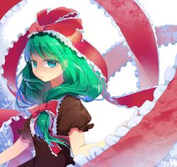  1girl aqua_eyes bow colored dress front_ponytail green_hair hair_bow hair_ribbon highres kagiyama_hina long_hair looking_at_viewer mito_tsubaki pochi_(pochi-goya) ribbon smile solo touhou 