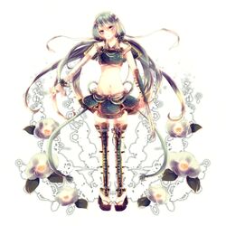  1girl armor ashitaba bandages claw_(weapon) flower green_eyes green_hair hatsune_miku headband highres long_hair midriff navel platform_footwear skirt solo twintails very_long_hair vocaloid 