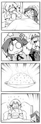  2girls 4koma :3 bed blanket bowl closed_eyes comic food hat hong_meiling izayoi_sakuya monochrome multiple_girls o_o pillow rice short_sleeves sick silent_comic star touhou ushi 