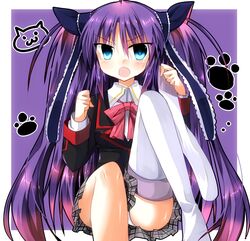  1girl blue_eyes little_busters! long_hair mameguri panties pantyshot purple_hair sasasegawa_sasami school_uniform thigh-highs twintails underwear 