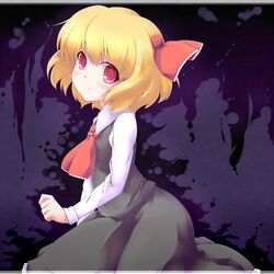  1girl ascot blonde_hair blush coo darkness hair_ribbon long_sleeves red_eyes ribbon rumia short_hair sitting skirt solo touhou vest 