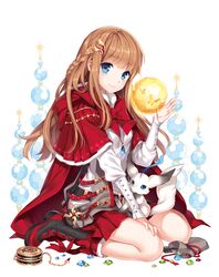  1girl blue_eyes blush boots braid brown_hair creature hair_ornament hairclip jewelry long_hair looking_at_viewer nardack original pendant pouch sitting skirt smile solo 
