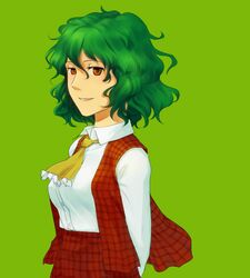  1girl ascot breasts green_hair kazami_yuuka long_sleeves plaid plaid_skirt plaid_vest red_eyes shinburu shirt short_hair skirt skirt_set smile touhou vest 