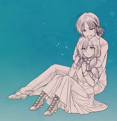  >:d 2girls :d arm_grab blue_background boots casual christa_renz cross-laced_footwear full_body hair_between_eyes hug hug_from_behind long_skirt monochrome multiple_girls open_mouth pants shingeki_no_kyojin short_hair simple_background sitting skirt smile sweatdrop tanpi ymir_(shingeki_no_kyojin) yuri 