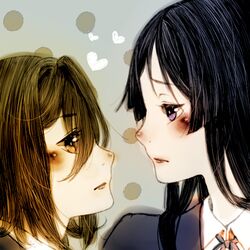  2girls akiyama_mio black_eyes black_hair brown_eyes brown_hair face k-on! long_hair multiple_girls school_uniform tainaka_ritsu 