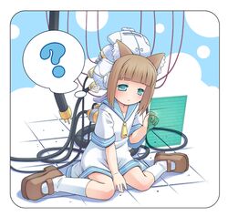  ? android animal_ears between_legs blue_eyes blush brown_hair cable computer dress hand_between_legs holographic_interface holographic_monitor mizuno_mumomo on_floor original personification sailor_collar screen shoes sitting socks thought_bubble wariza zipper 