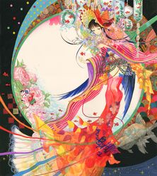  1girl acrylic_paint_(medium) aquarium fish flower fuji_choko goldfish graphite_(medium) hat highres japanese_clothes original traditional_media 