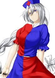  1girl blue_eyes bow_(weapon) braid hair_ribbon hat long_hair niwatazumi ribbon silver_hair single_braid skirt skirt_set solo touhou very_long_hair wavy_mouth weapon yagokoro_eirin 
