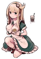  1girl apron blonde_hair blush breasts cleavage detached_collar green_eyes hairband heart heart-shaped_pupils large_breasts lena_(zoal) long_hair looking_at_viewer original smile solo symbol-shaped_pupils waitress wrist_cuffs 