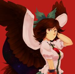  1girl arm_cannon blush bow breasts brown_hair cape feathered_wings hair_bow lips long_hair red_eyes reiuji_utsuho ribbon shinburu short_sleeves skirt solo third_eye touhou weapon wings 